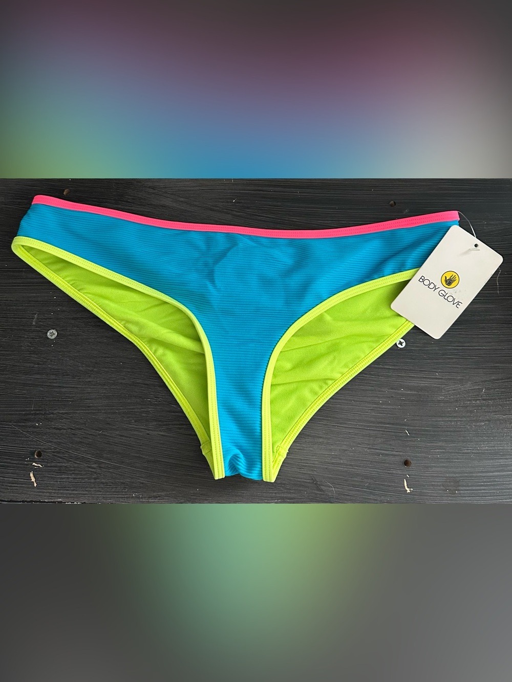 Body Glove Blue and Neon Green Bikini Bottom with Pink Trim